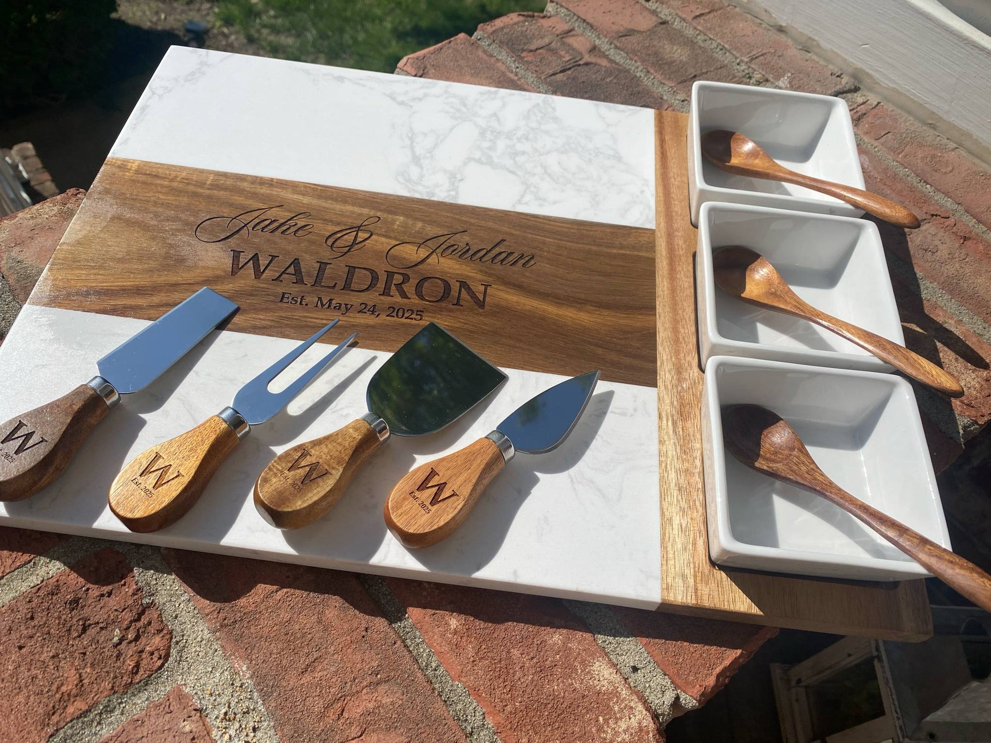 Personalized Marble & Acacia Charcuterie Board with Serving Utensils & Ramekins