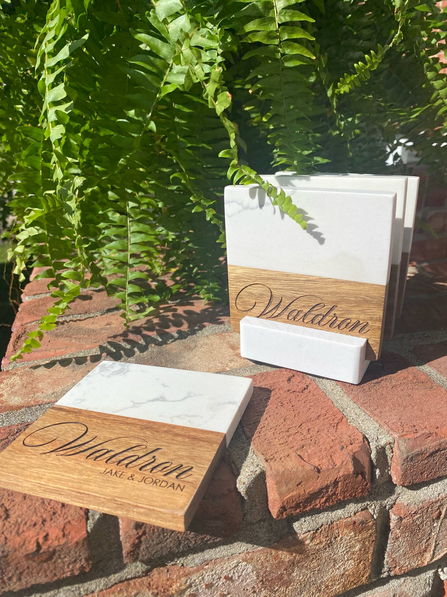 Personalized Marble & Acacia Wood Coasters