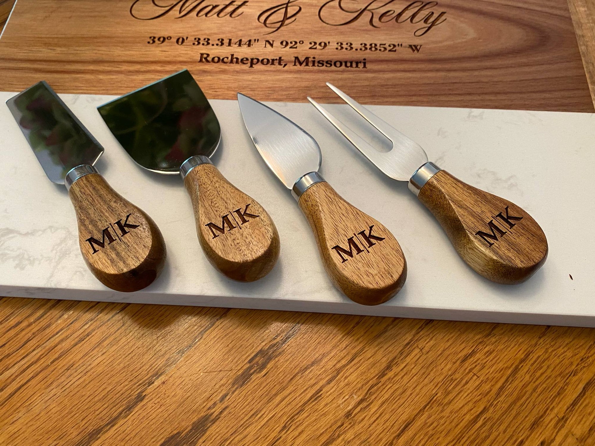 Personalized Marble & Acacia Charcuterie Board with Serving Utensils & Ramekins