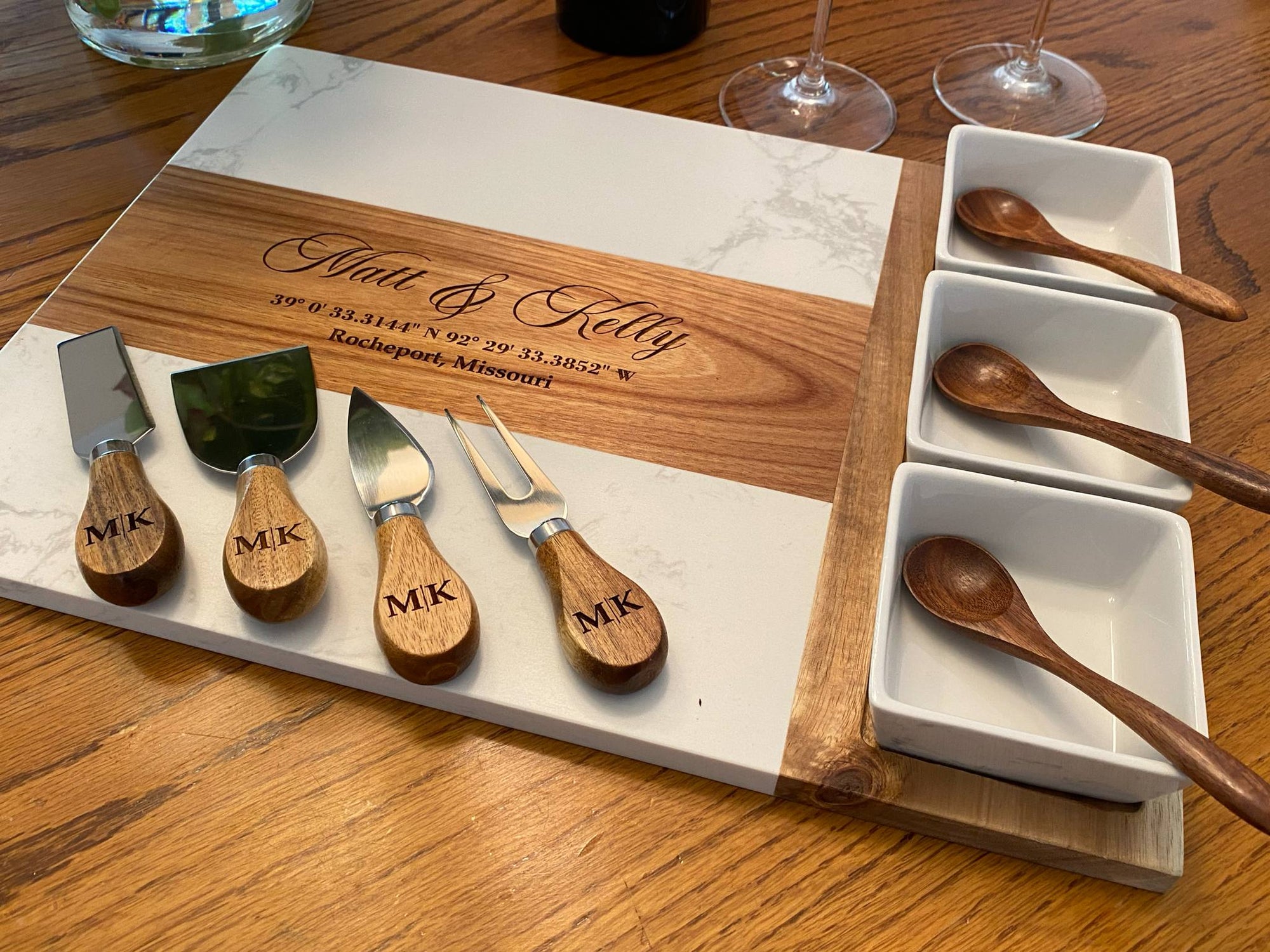 Personalized Marble & Acacia Charcuterie Board with Serving Utensils & Ramekins
