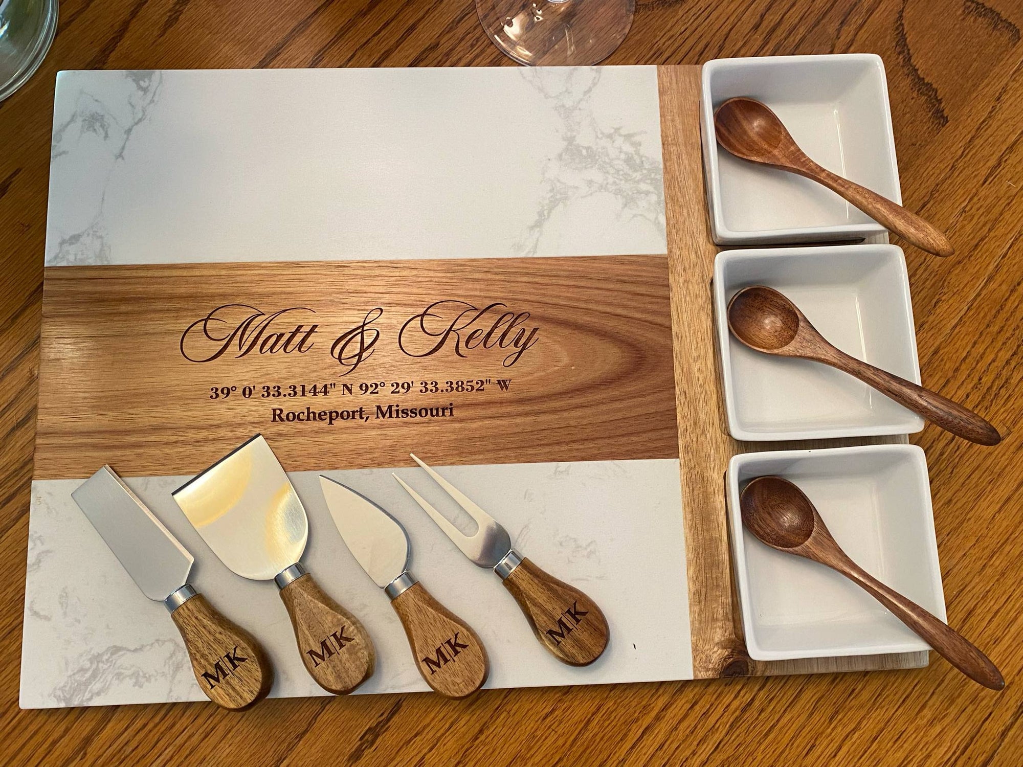 Personalized Marble & Acacia Charcuterie Board with Serving Utensils & Ramekins