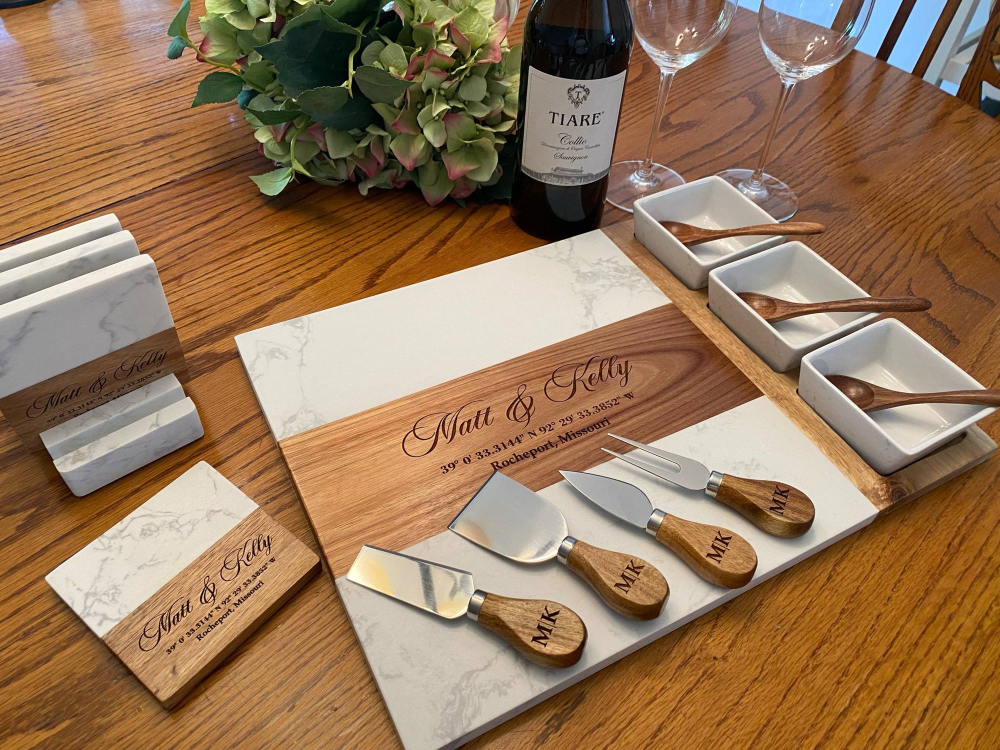 Personalized Marble & Acacia Charcuterie Board with Serving Utensils & Ramekins