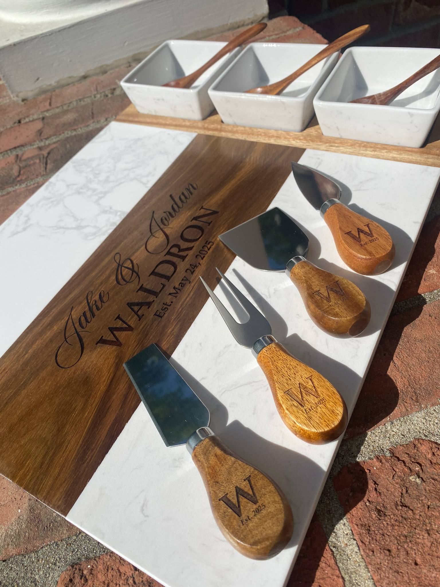 Personalized Marble & Acacia Charcuterie Board with Serving Utensils & Ramekins